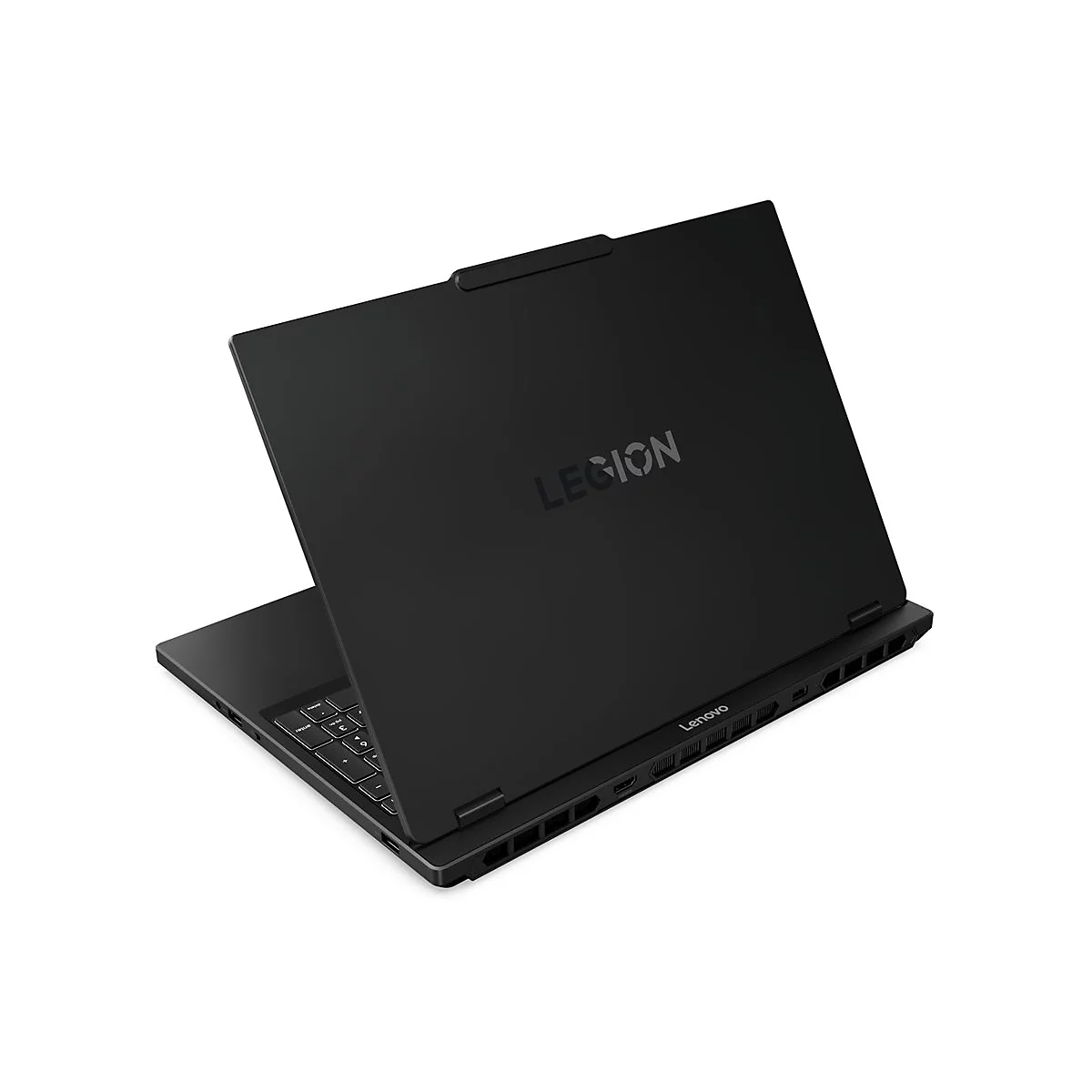 Ein schwarzer Lenovo Laptop Legion, leicht geöffnet, mit dem Legion-Logo und Lenovo-Schriftzug.