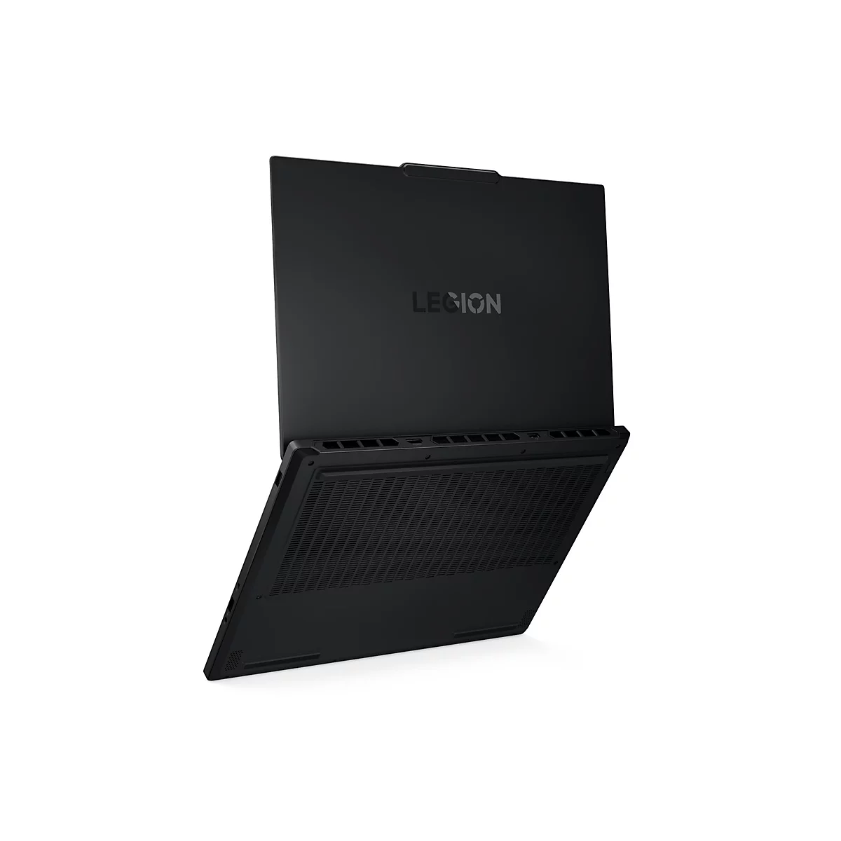 Schwarzes Lenovo Legion Laptop, das leicht geöffnet ist, mit dem Wort „LEGION“ auf der Oberseite.