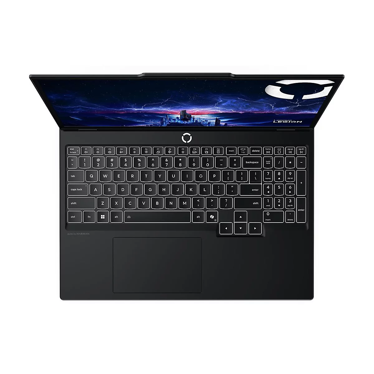 Ein schwarzer Laptop mit beleuchteter Tastatur. Der Bildschirm zeigt eine Szene mit einem Nachthimmel und einem Stadtbild. Die Marke ist "Lenovo Legion".