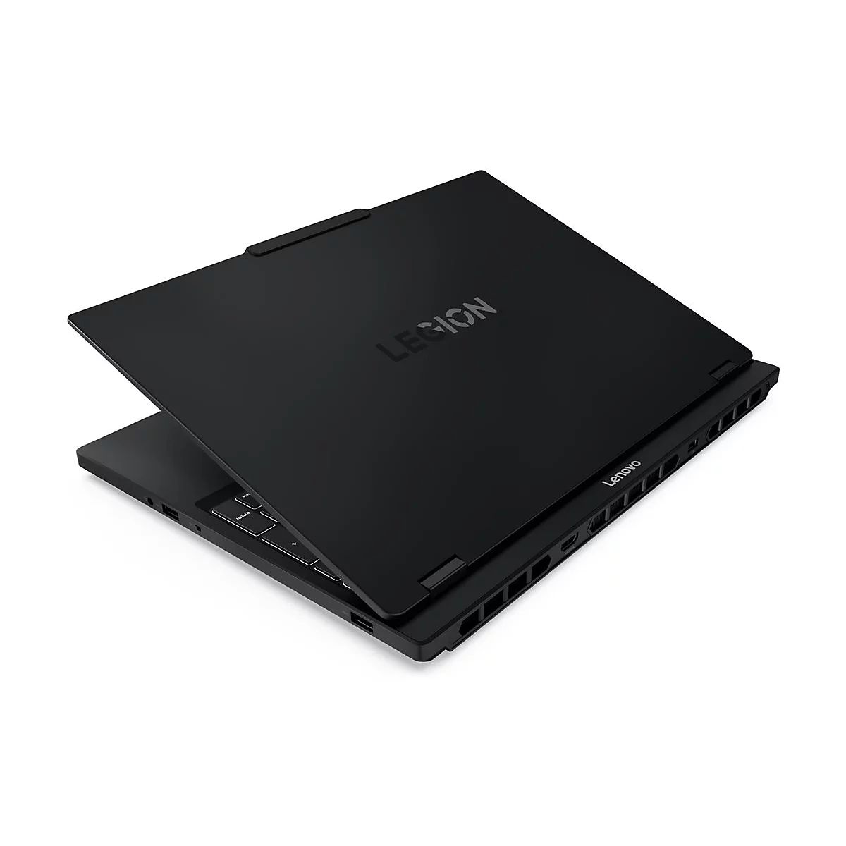 Schwarzes Lenovo Legion Laptop von oben, das Display halb geöffnet. Auf dem Deckel steht "LEGION".