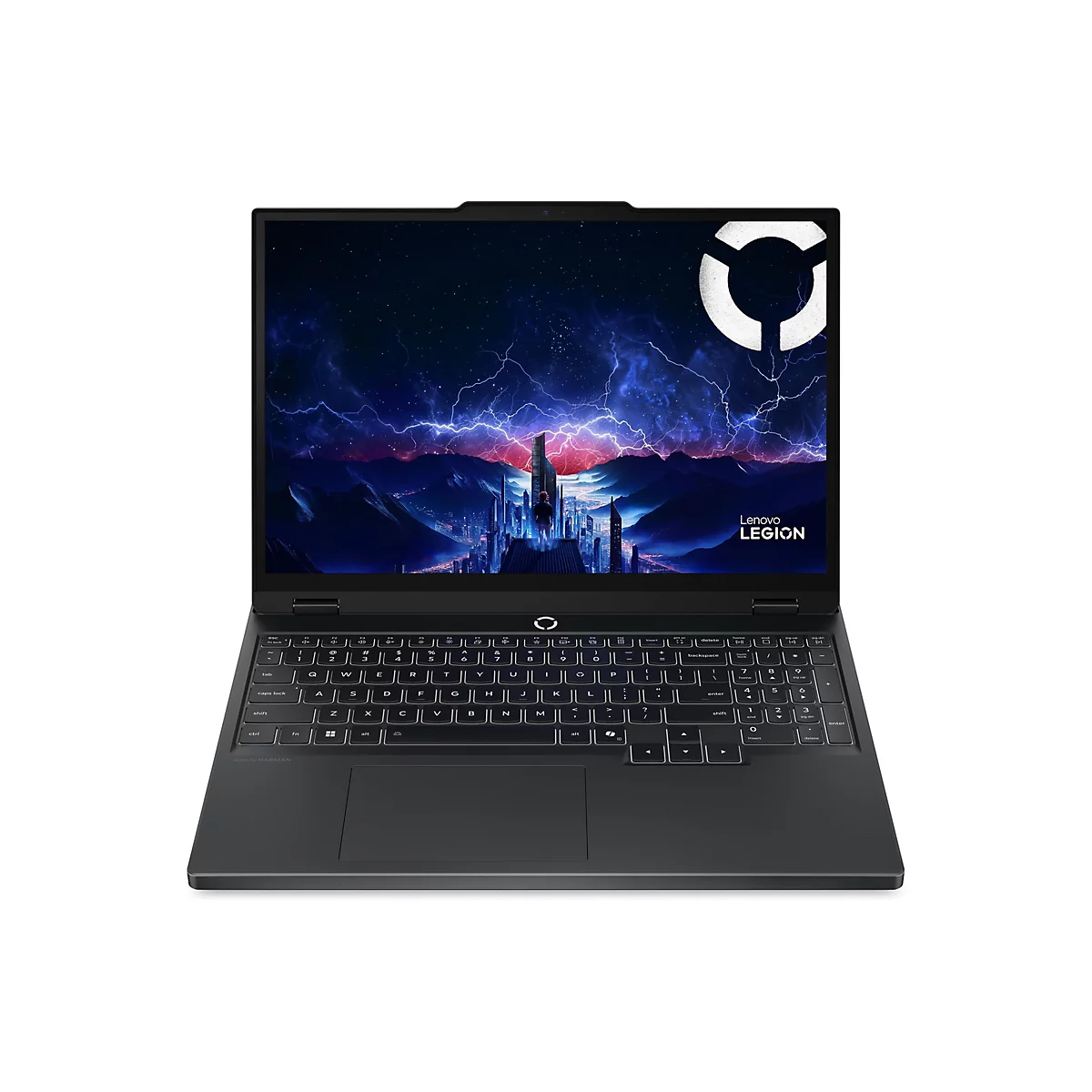 Ein schwarzes Lenovo Legion-Laptop, das auf einer weißen Oberfläche steht. Das Display zeigt ein blaues Fantasy-Motiv mit dem Legion-Logo. Die Tastatur ist beleuchtet.