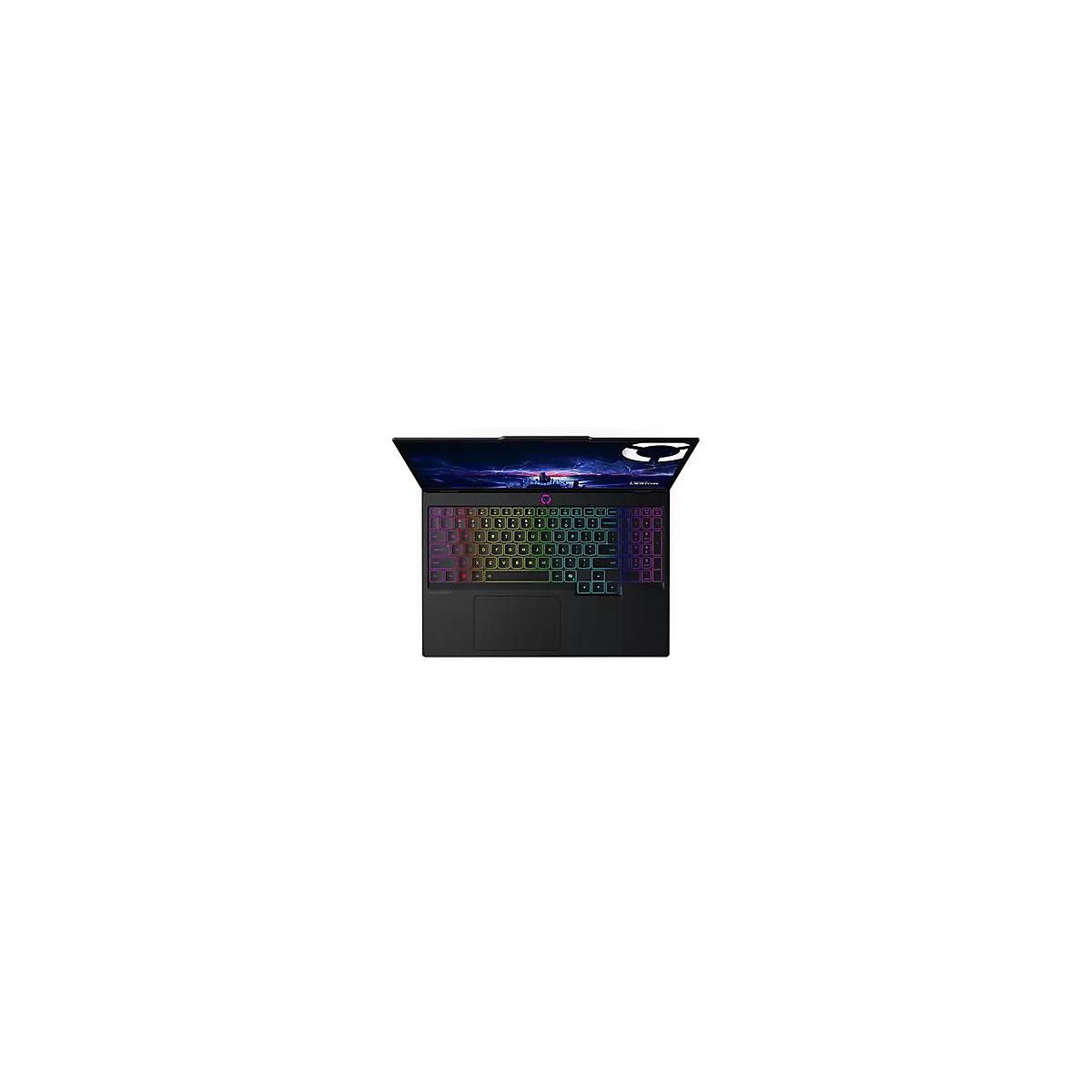 Schwarzes Laptop von oben, Tastatur mit RGB-Beleuchtung. Bildschirm zeigt eine futuristische Szene. Marke: Legion.