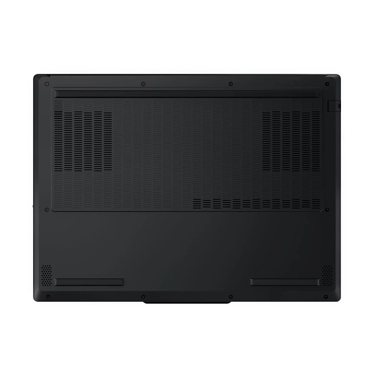 Schwarzer Laptop von unten, mit Lüftungsschlitzen, Schrauben und Lautsprecheröffnungen.