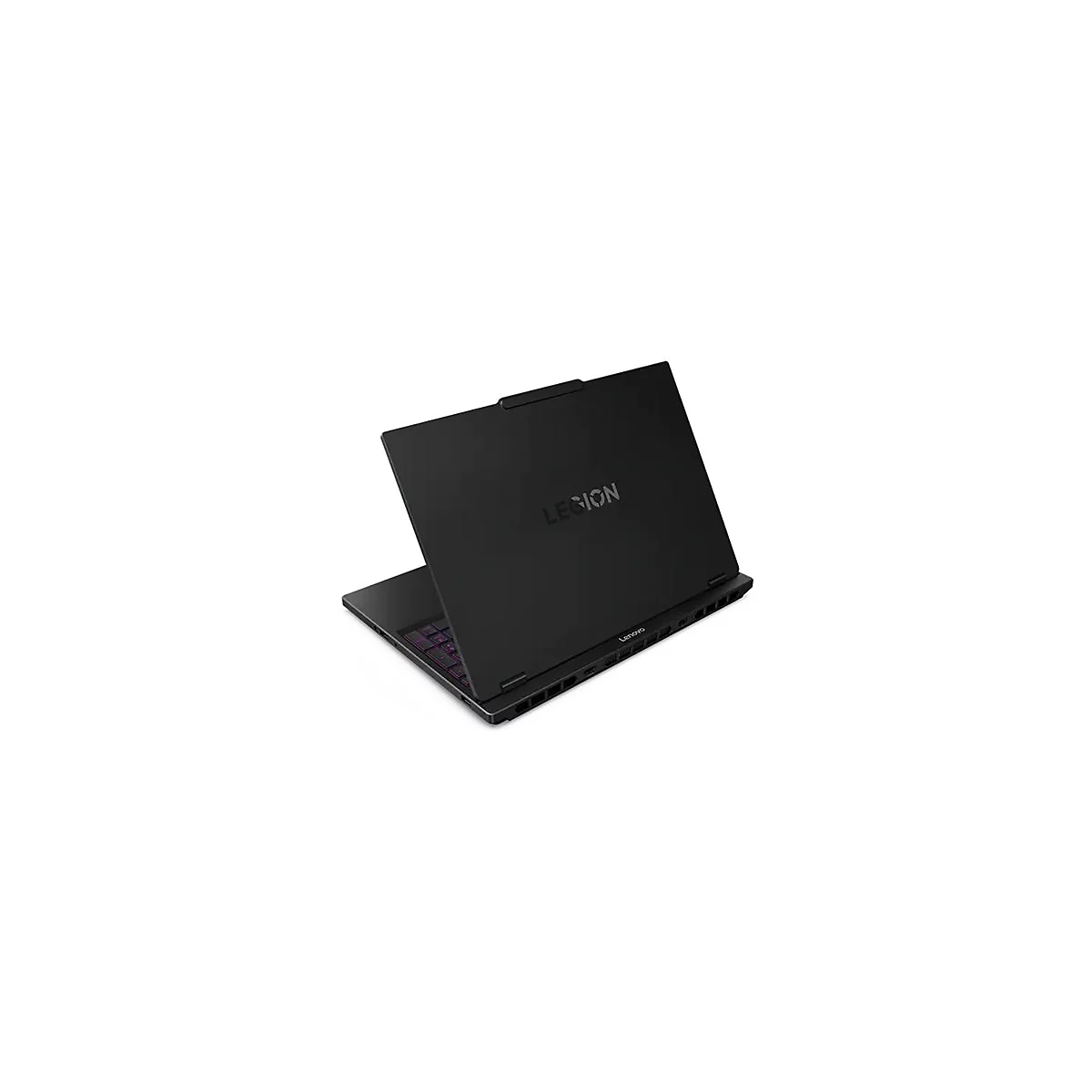 Schwarzes Laptop mit der Aufschrift "LEGION" und "Lenovo". Der Bildschirm ist geöffnet, die Tastatur ist lila.