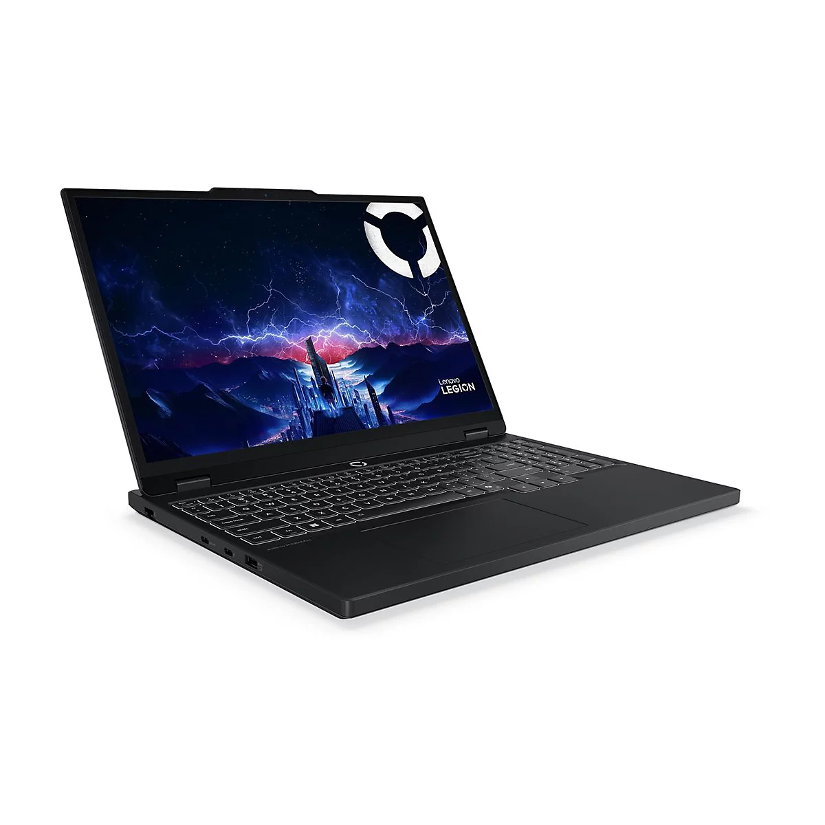 Schwarzer Laptop mit Lenovo Legion-Logo und Hintergrundbild einer Stadt. Auf weissem Hintergrund.