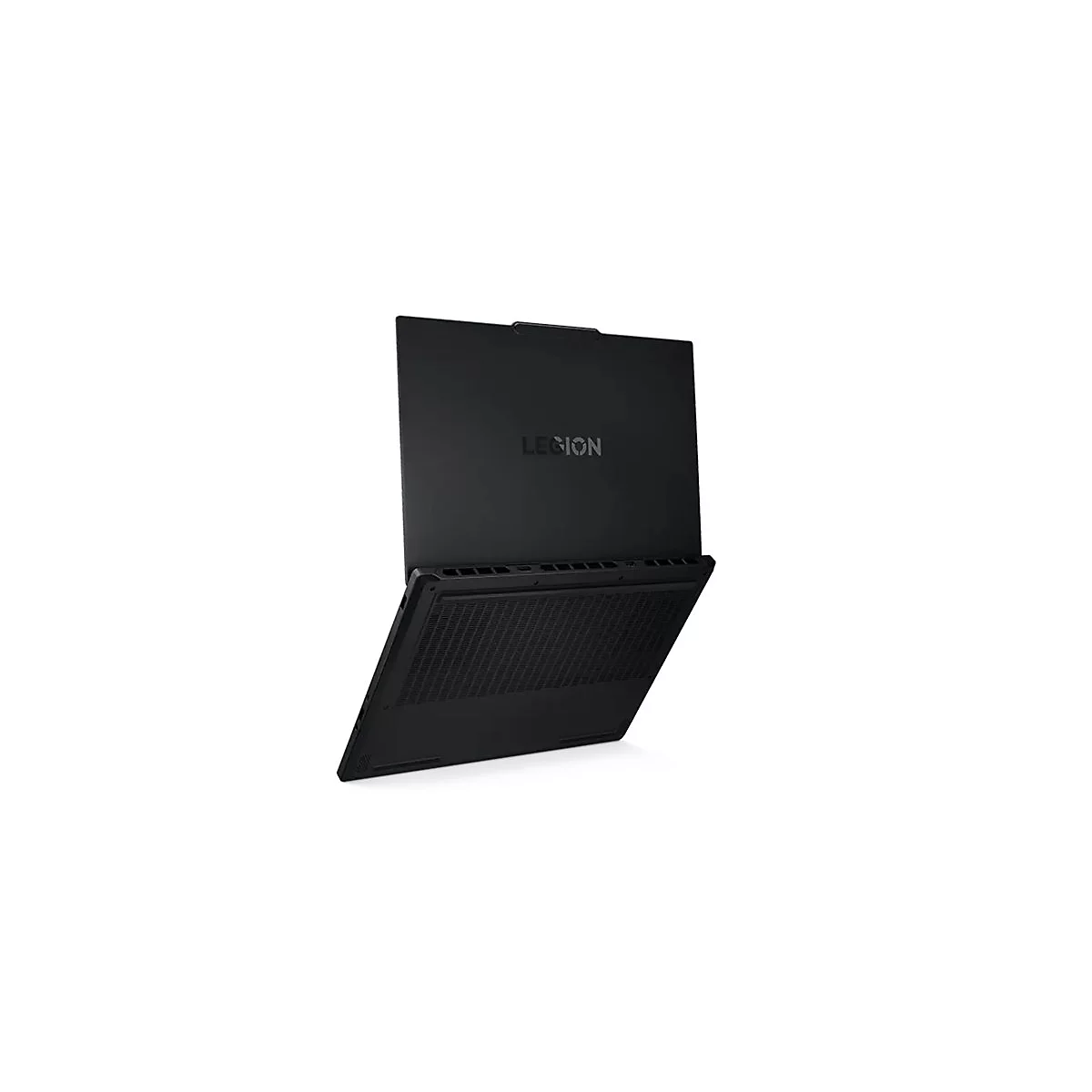 Schwarzes Laptop von Legion, leicht geöffnet, auf weißem Hintergrund. Auf dem Deckel steht 'LEGION'.