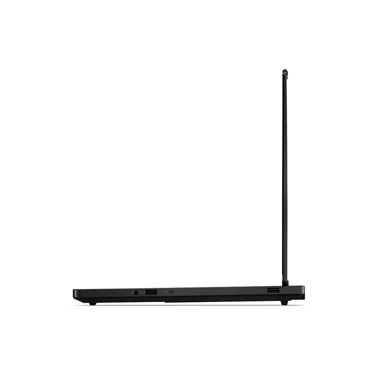 Schwarzer Laptop von der Seite, Display geöffnet, USB-Anschluss, Anschluss für Kopfhörer und rotes Lämpchen zu sehen.