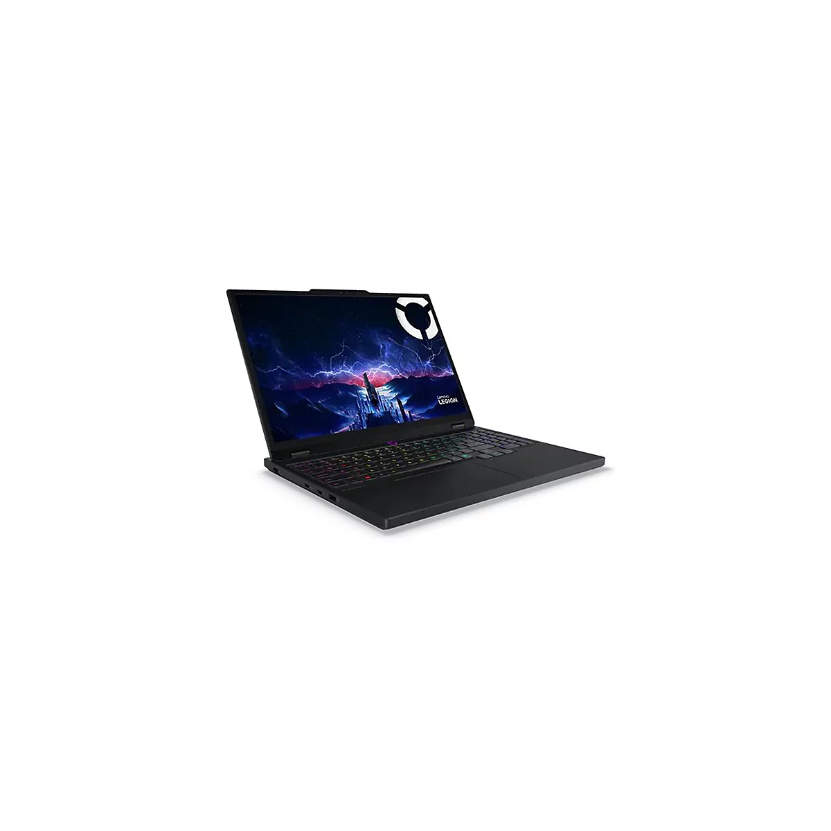 Schwarzes Laptop, geöffnet, Display zeigt Gewitterlandschaft; Lenovo Legion Logo.