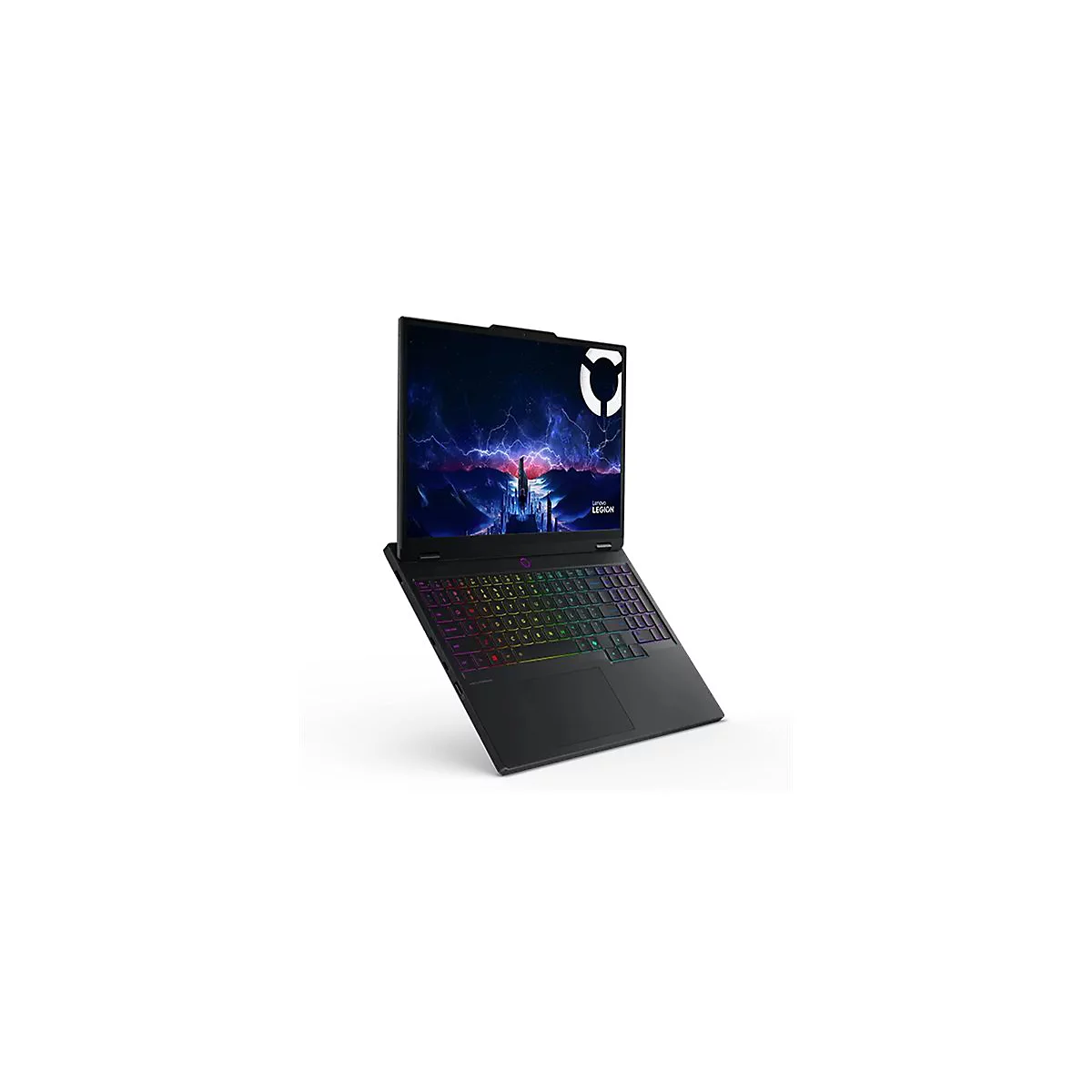 Schwarzer Laptop, Tastatur mit Regenbogenbeleuchtung, Bildschirm mit Gewitterlandschaft und Logo.