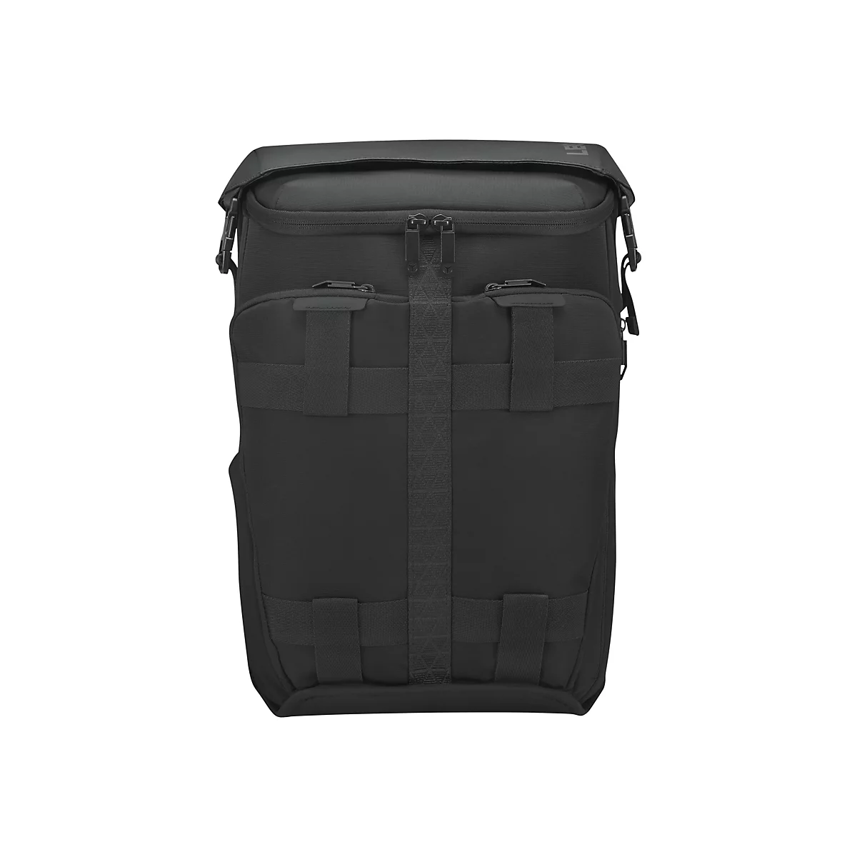 Schwarzer, eckiger Rucksack mit mehreren Taschen, ReiÃŸverschlÃ¼ssen und Gurten.