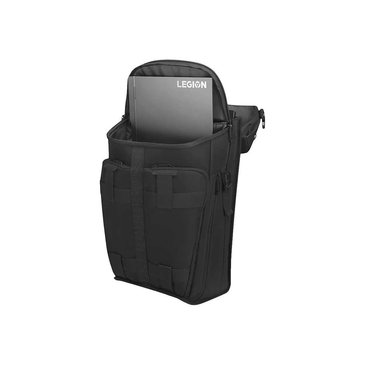 Schwarze Laptop-Tasche mit einem Laptop, auf dem das Wort LEGION steht.
