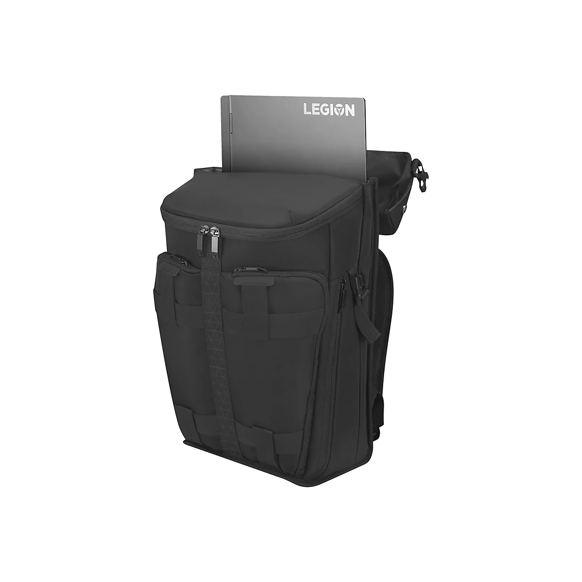 Schwarzer Rucksack mit einem Laptop mit der Aufschrift 'LEGION' im oberen Fach.