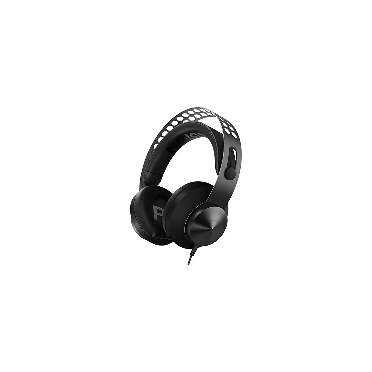 Schwarzes Gaming-Headset mit gelochtem Kopfbügel vor weißem Hintergrund.
