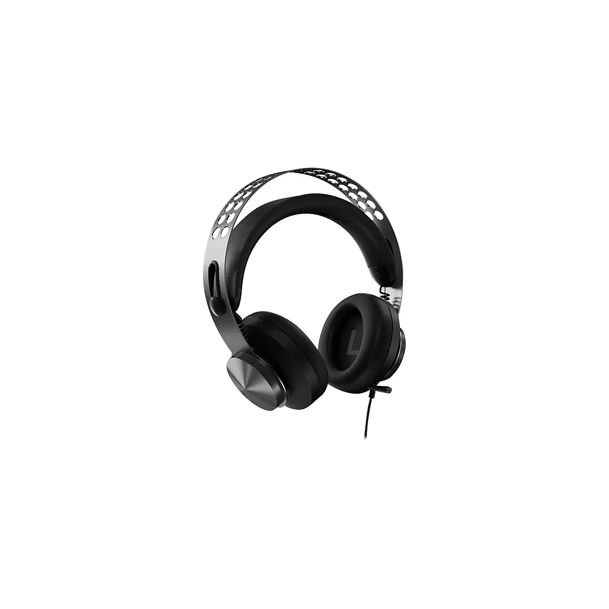Schwarzes Gaming-Headset mit perforiertem Kopfbügel vor weißem Hintergrund.