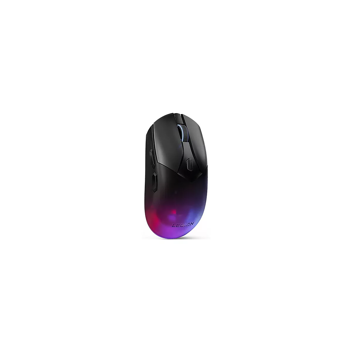 Schwarze, kabellose Gaming-Maus von Lenovo Legion mit RGB-Beleuchtung am unteren Ende vor weißem Hintergrund.