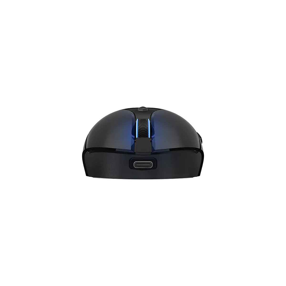Schwarze kabellose Computermaus von vorne mit beleuchtetem Mausrad und USB-C-Anschluss.