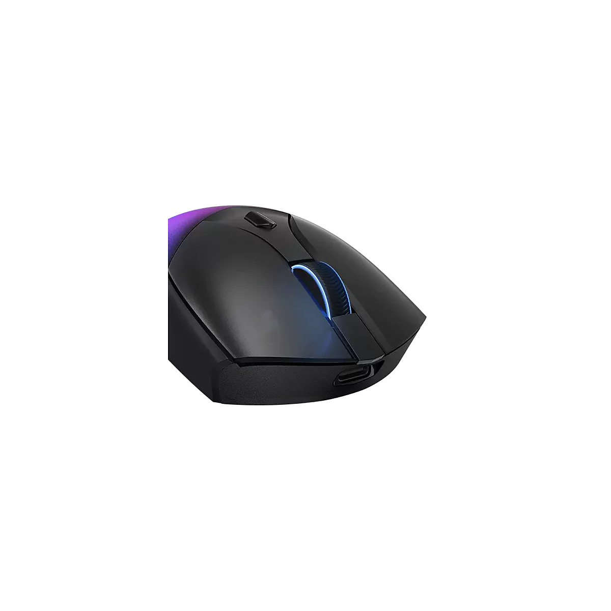 Nahaufnahme einer schwarzen Gaming-Maus mit blau beleuchtetem Scrollrad vor weißem Hintergrund.