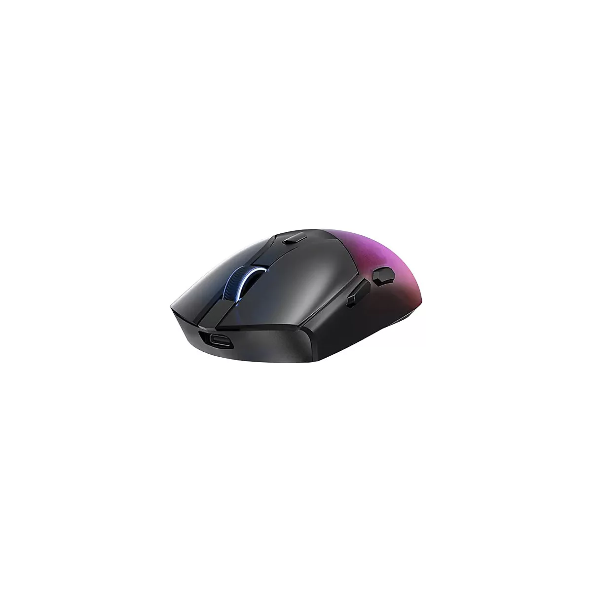 Schwarze kabellose Gaming-Maus mit RGB-Beleuchtung am Mausrad und geschwungenem Gehäuse.