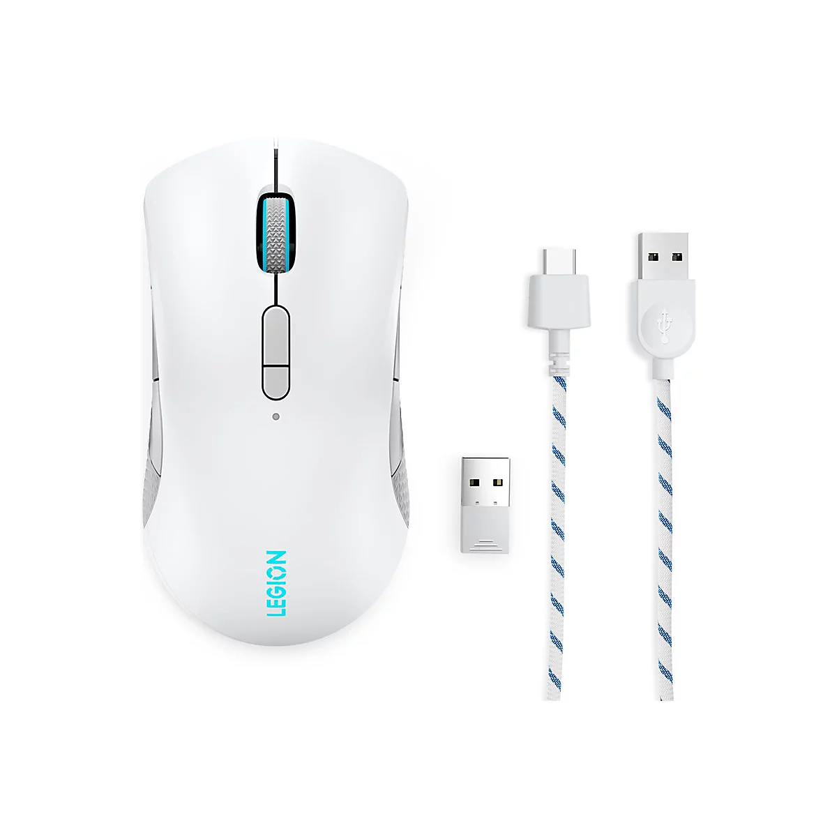 Weiße Gaming-Maus Lenovo Legion mit blauem Logo, USB-Empfänger und weiß-blauem geflochtenem Kabel.