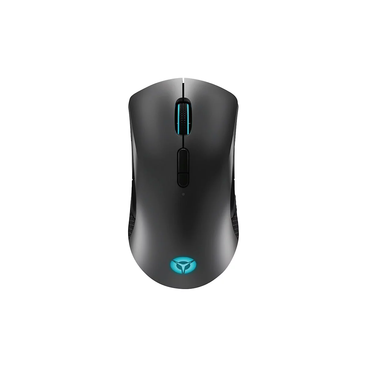 Schwarze kabellose Gaming-Maus in der Draufsicht mit blau beleuchtetem Logo und Mausrad.