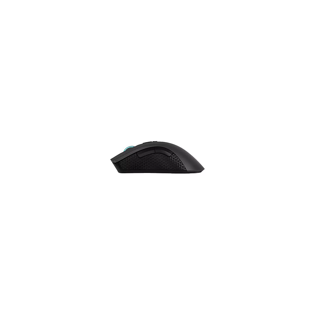 Seitenansicht einer ergonomischen, schwarzen kabellosen Gaming-Maus mit strukturierten Seitengriffen.