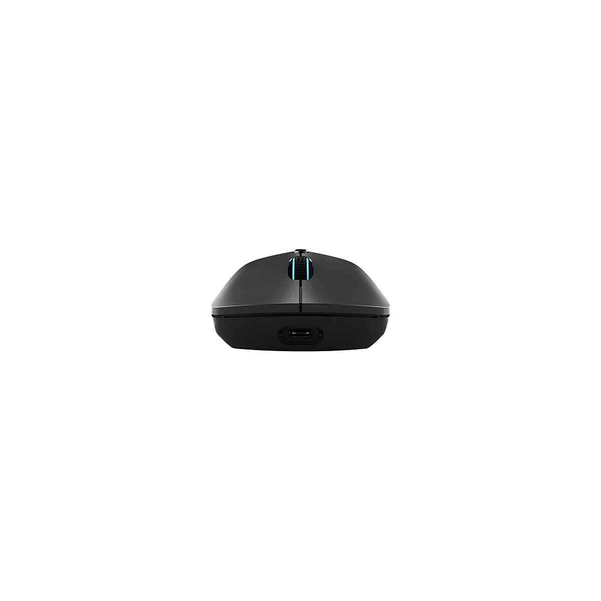 Schwarze kabellose Gaming-Maus in der Vorderansicht mit sichtbarem USB-C-Ladeanschluss und beleuchtetem Scrollrad.