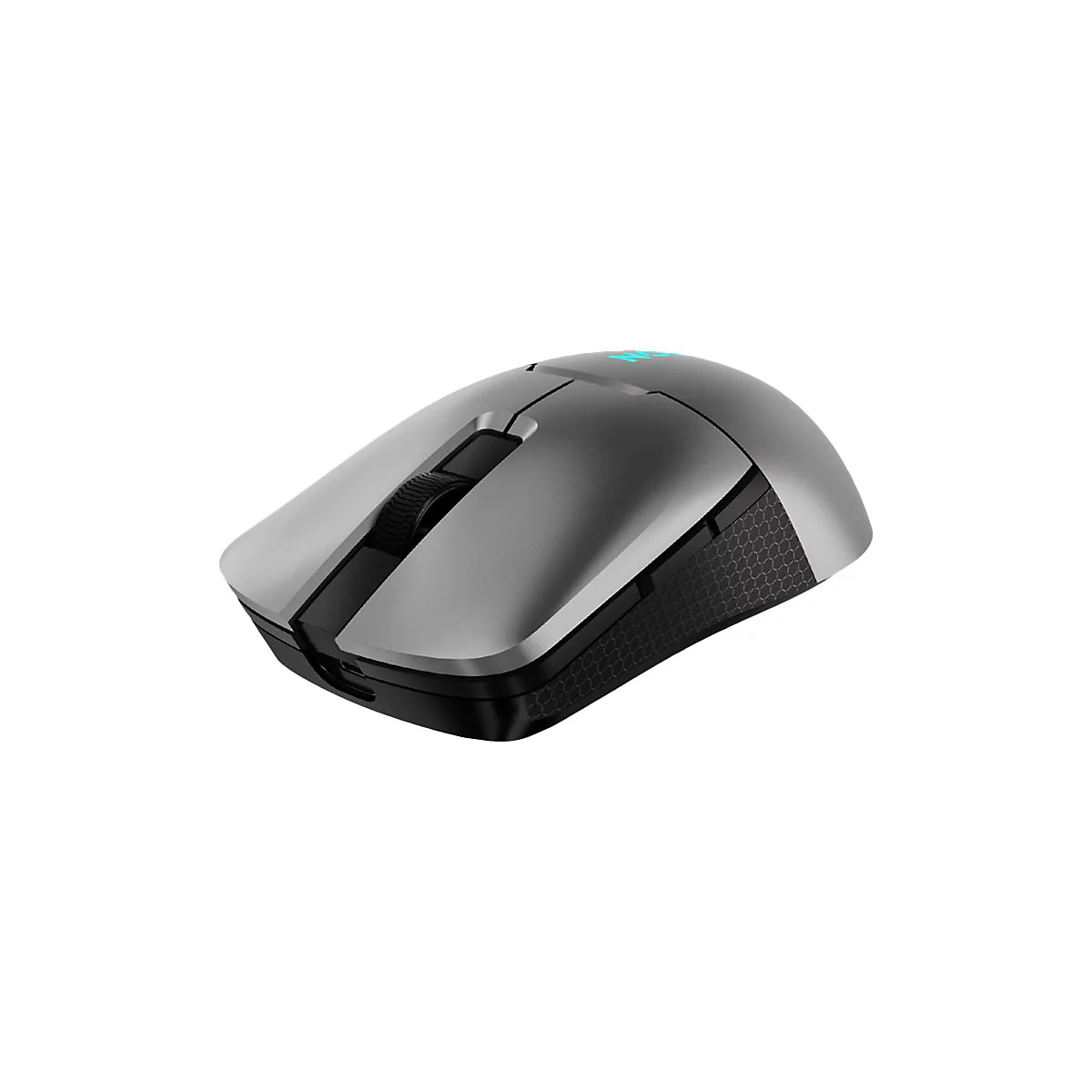 Graue, ergonomische Gaming-Maus auf weißem Hintergrund mit leuchtendem blauem Logo.