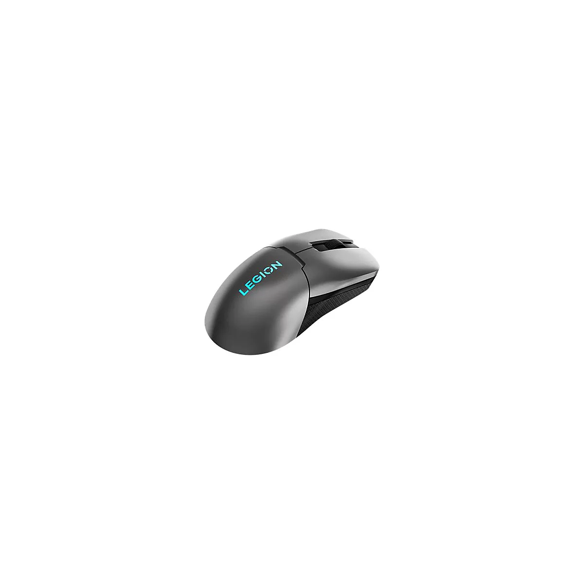 Graue Lenovo Legion Gaming-Maus mit leuchtendem blauem Logo auf weißem Hintergrund.