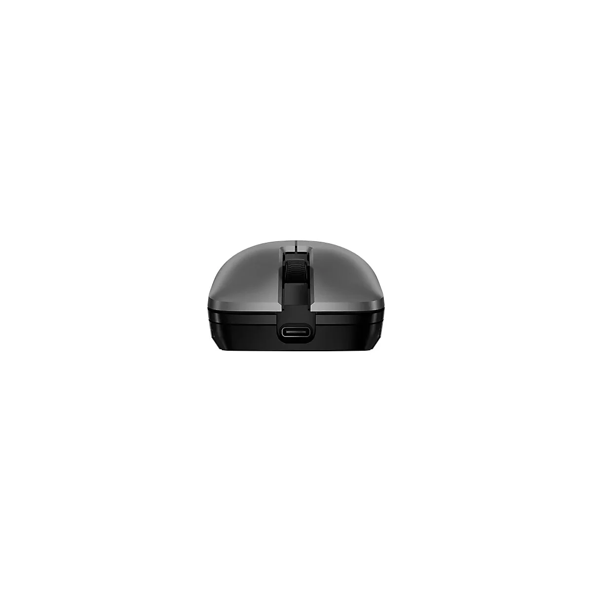 Graue Funkmaus von vorne mit sichtbarem USB-C-Anschluss unter dem Mausrad.
