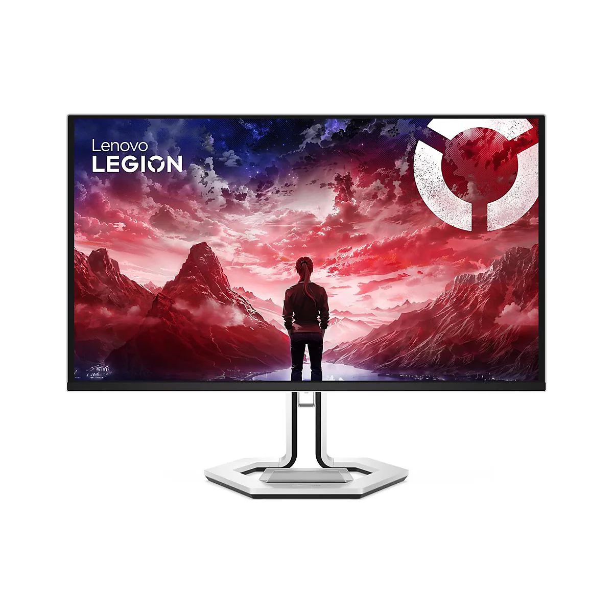 Lenovo Legion Gaming-Monitor vor weißem Hintergrund mit einem dramatischen, rot-violetten Berglandschafts-Display.