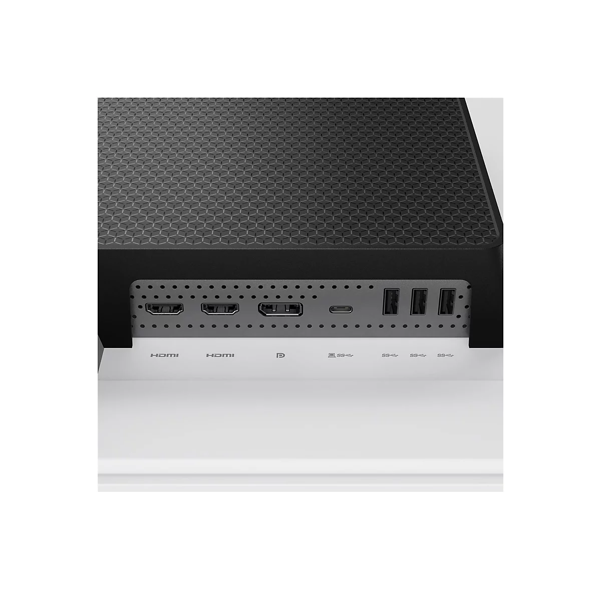 Nahaufnahme der Rückseite eines schwarzen Geräts mit Anschlüssen für HDMI, DisplayPort und USB-Ports.