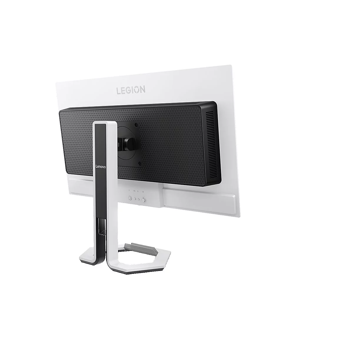 Rückansicht eines weißen Lenovo Legion Monitors mit schwarzem Gehäuseteil auf einem Standfuß vor weißem Hintergrund.