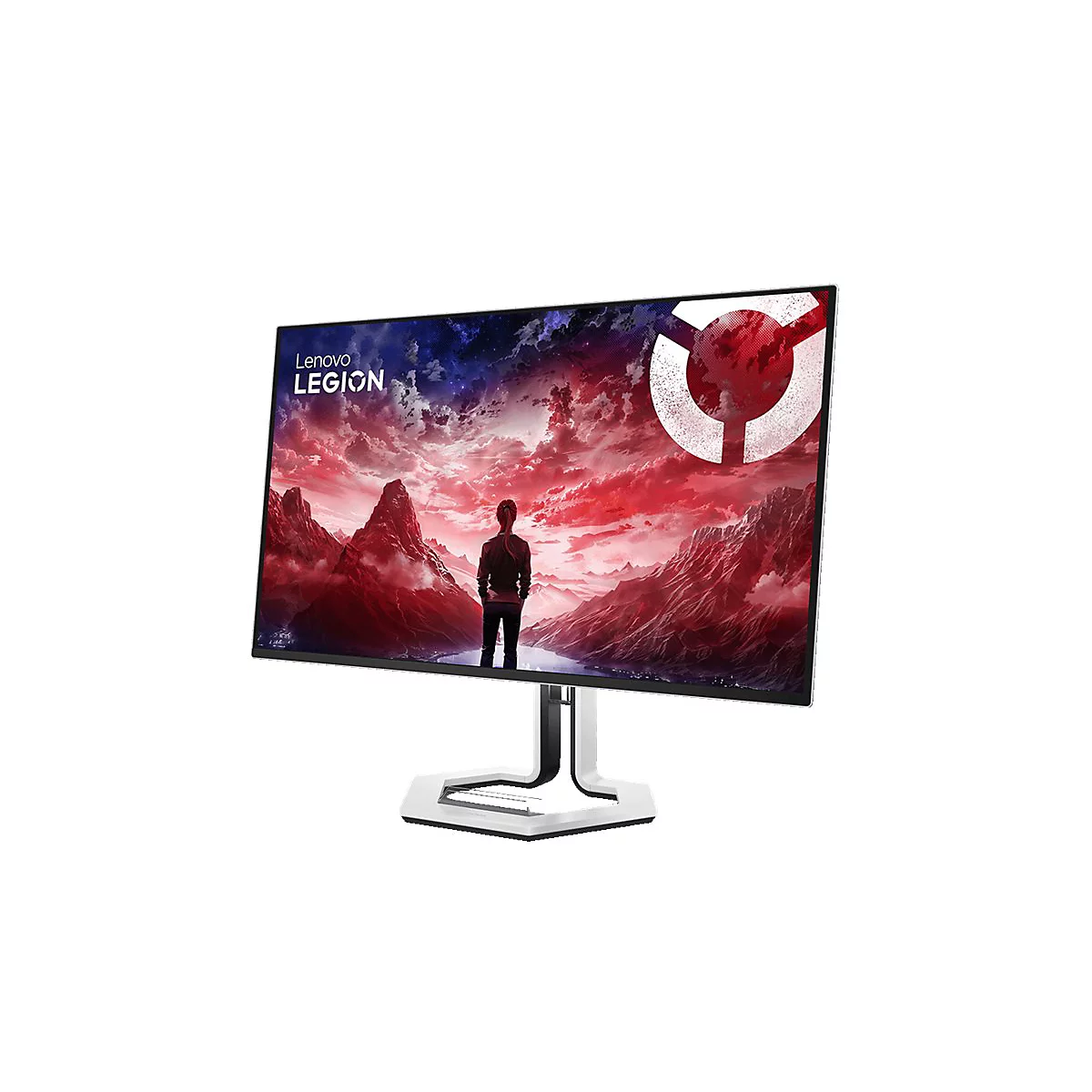 Lenovo Legion Gaming-Monitor vor weißem Hintergrund mit rotem Landschaftsbild auf dem Display.