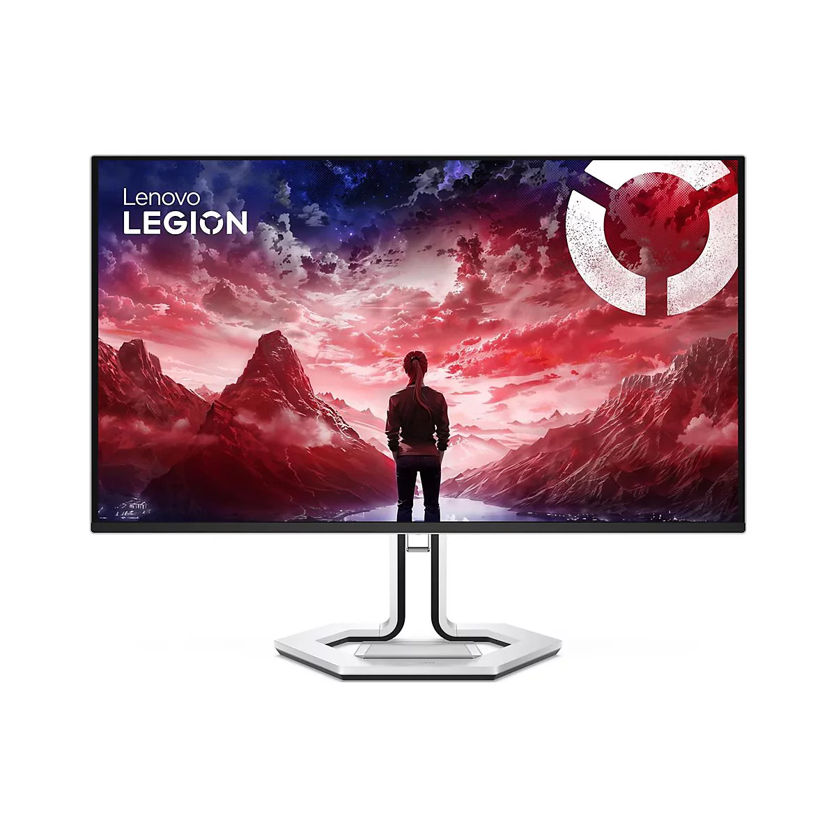 Lenovo Legion Gaming-Monitor vor weißem Hintergrund mit einem dramatischen, rot-violetten Bergpanorama-Hintergrundbild.