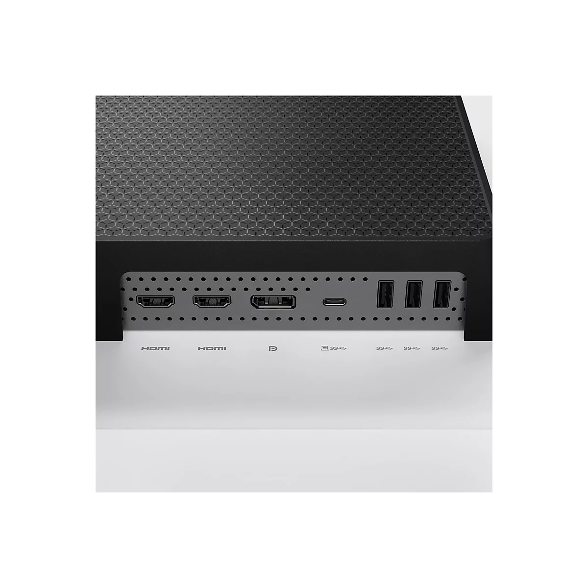 Rückseite eines schwarzen Tech-Geräts mit HDMI, DisplayPort, USB-C und USB-A Anschlüssen vor weißem Hintergrund.