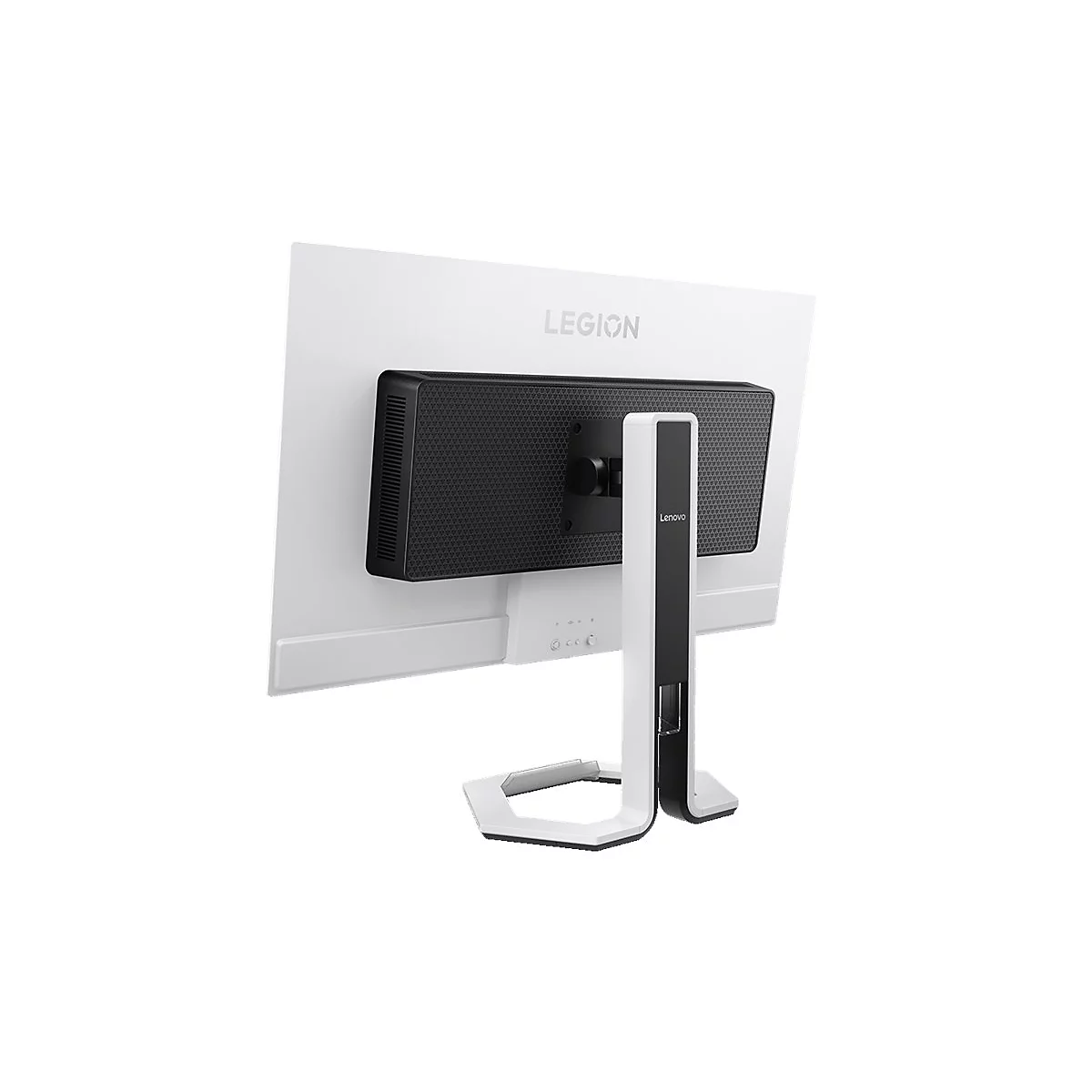 Rückansicht eines weißen Lenovo Legion Monitors mit schwarzem Gehäuseteil und Standfuß vor weißem Hintergrund.