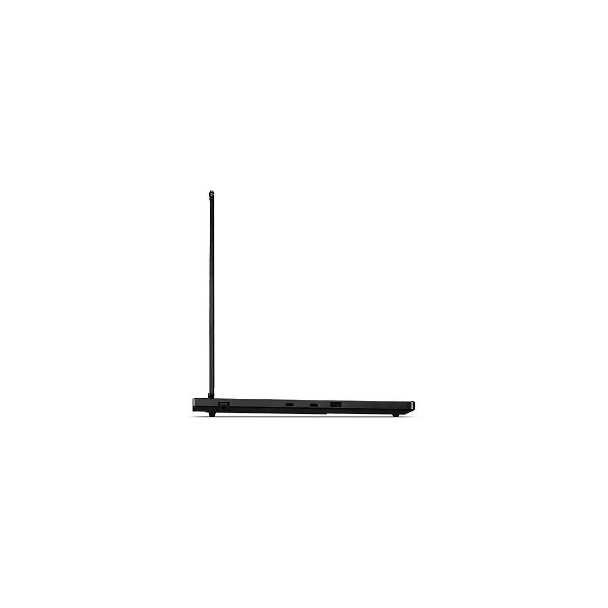 Schwarzes Notebook, von der Seite gesehen, Bildschirm geöffnet.