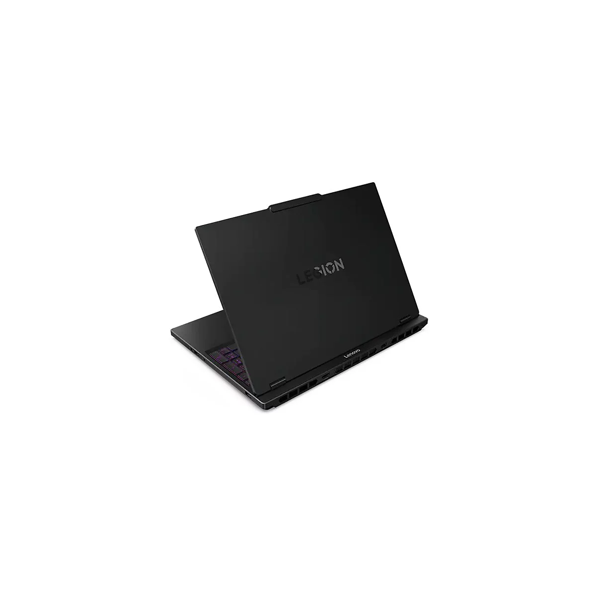 Schwarzes Lenovo Legion Laptop, leicht geöffnet, im Detail gezeigt. Logo auf der Rückseite.