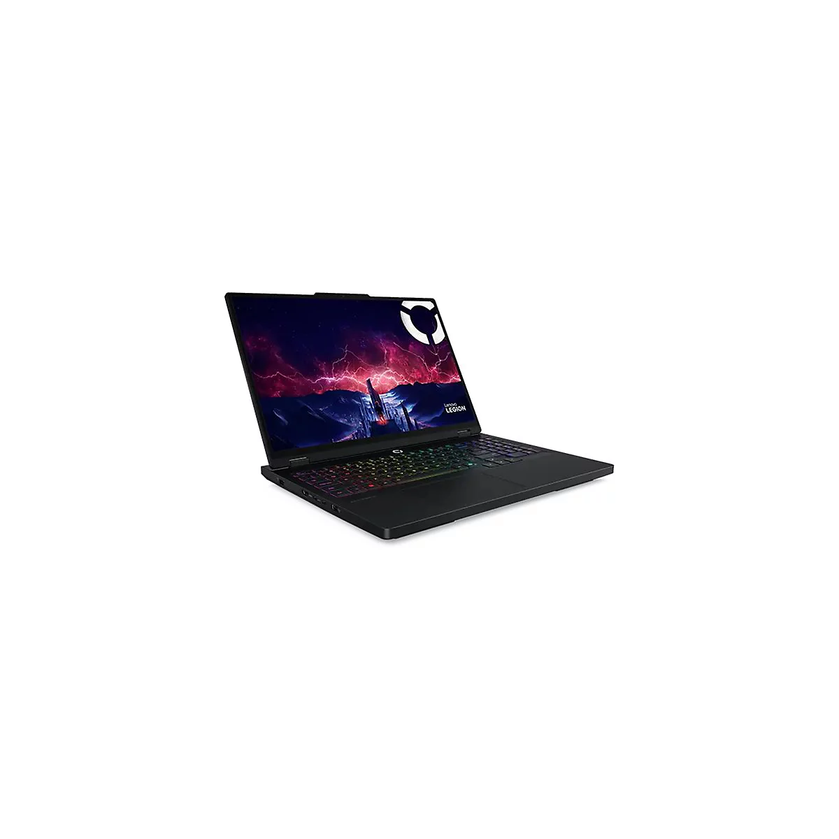 Schwarzer Laptop, Display zeigt Landschaft, farbige Tastaturbeleuchtung, Lenovo Legion.