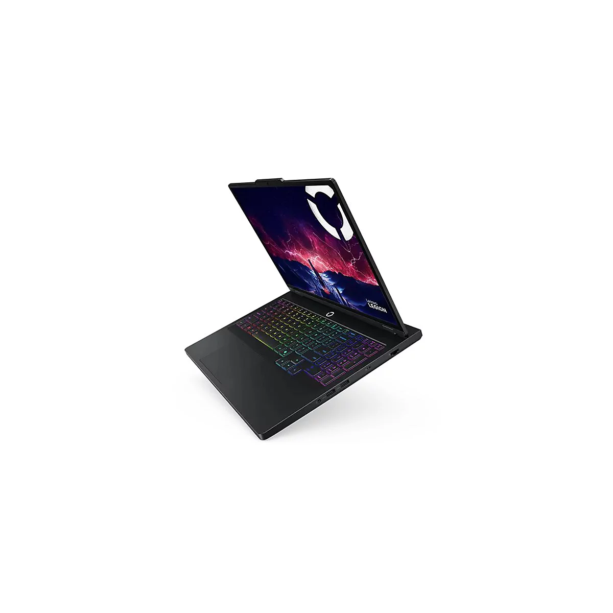 Schwarzer Laptop, Tastatur mit Regenbogenbeleuchtung. Auf dem Bildschirm ist ein Logo und der Schriftzug "Legion" zu sehen.