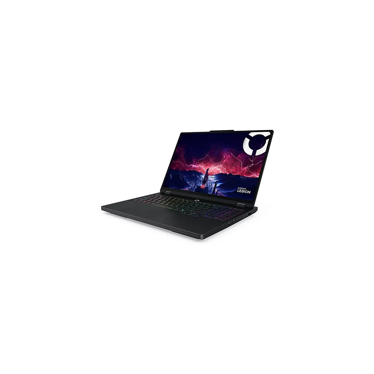 Schwarzes Lenovo Legion-Laptop, Bildschirm mit farbiger Grafik. Leuchtende Tastatur, weißer Hintergrund.