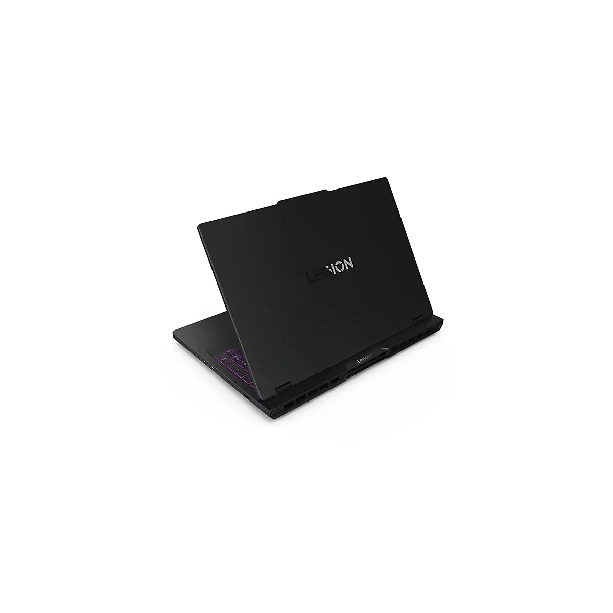 Schwarzer Laptop, leicht geöffnet, Ansicht von hinten, Logo "LEGION" auf dem Deckel, Tastatur mit lilafarbenen Tasten, weißer Hintergrund.