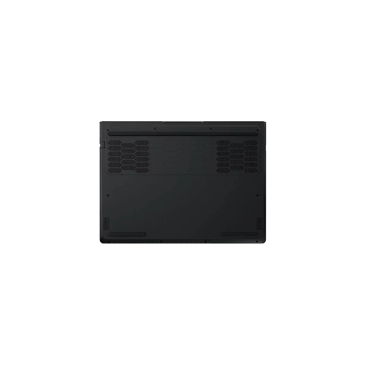 Schwarzer Laptop von unten gesehen. Man sieht Lüftungsschlitze, Schrauben und Gummifüße.