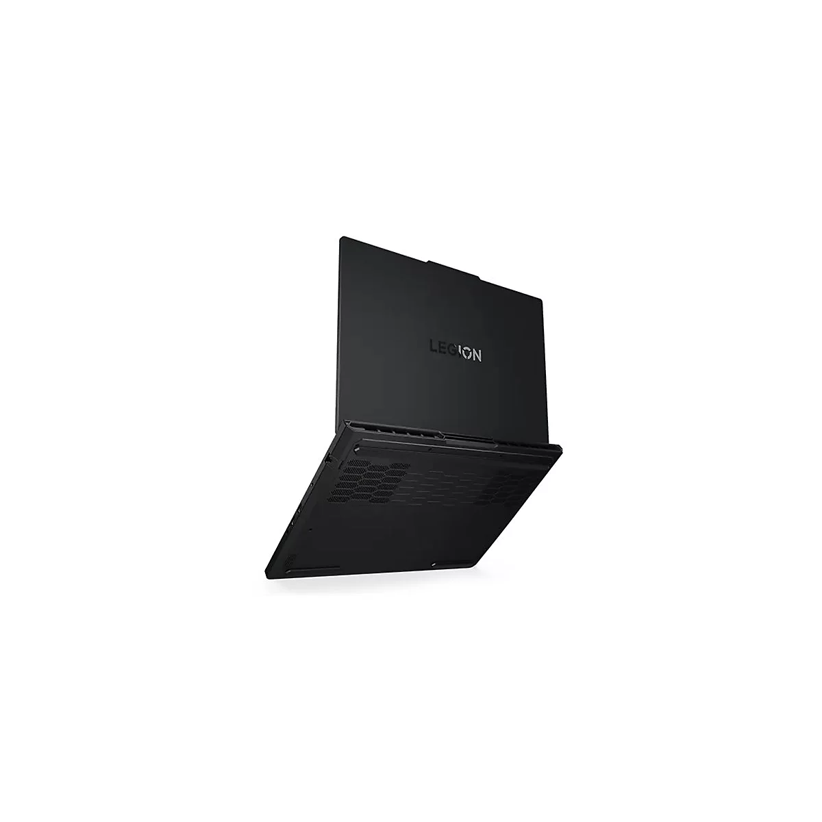 Schwarzes Laptop mit offener Bildschirm, „Legion“ Schriftzug. Auf hellem Hintergrund, leicht von oben fotografiert.