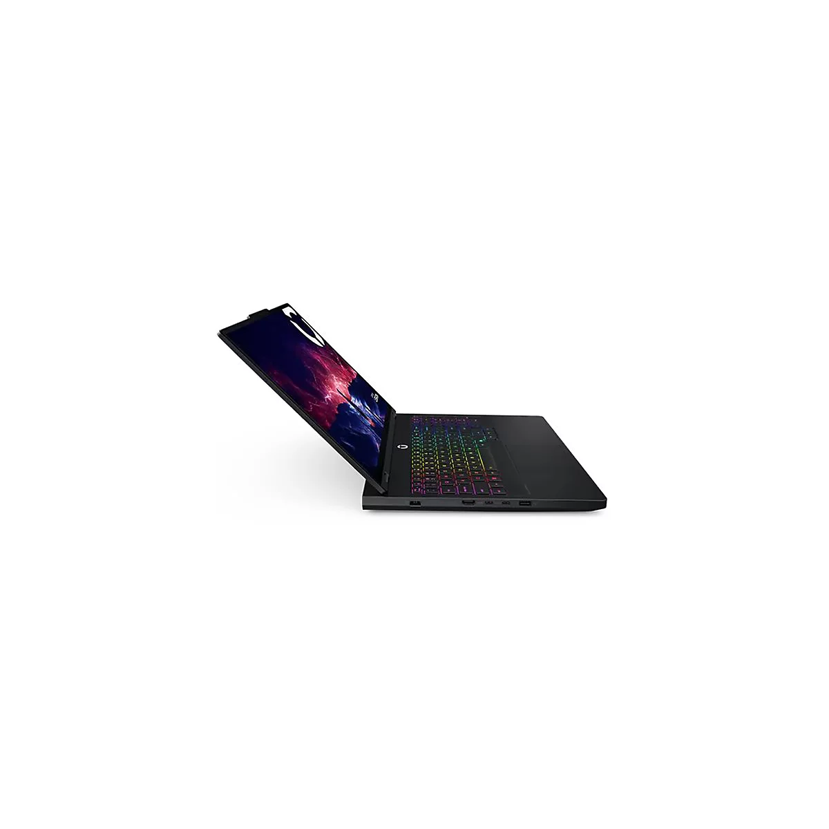 Schwarzer Laptop, halb geöffnet, mit farbiger Tastatur und Bildschirm mit Kunstwerk.