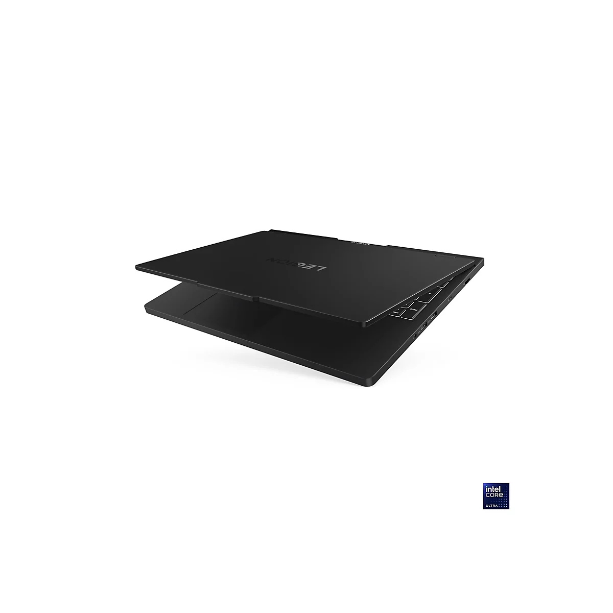 Schwarzer Laptop mit der Aufschrift "LEGION" auf dem Deckel, leicht geöffnet auf weißem Hintergrund. Unten rechts ein Intel Core Ultra-Logo.