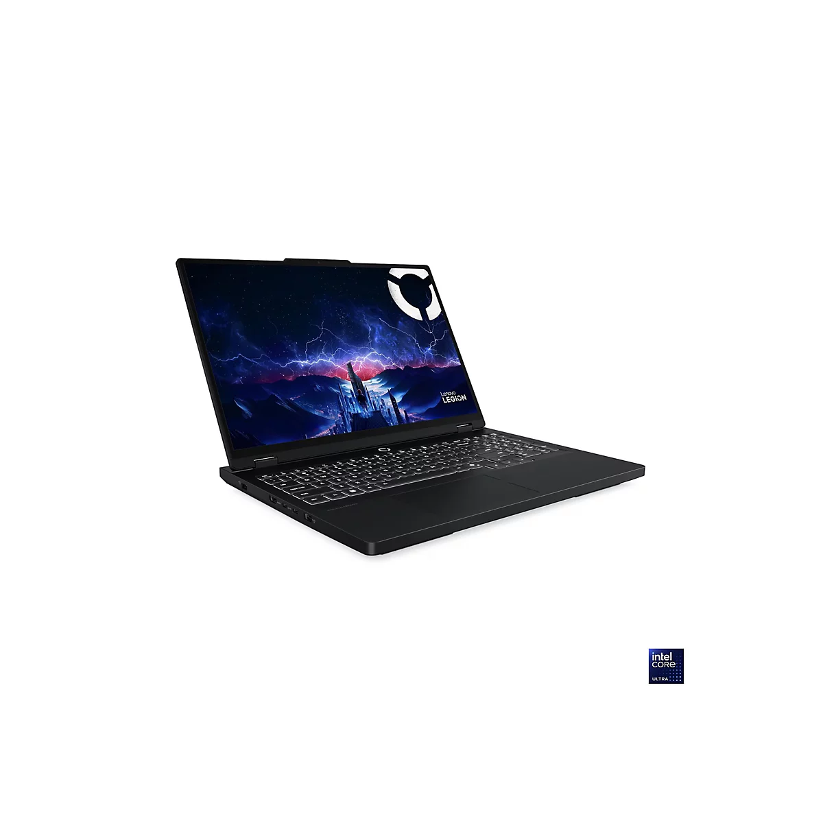 Schwarzer Laptop mit geöffnetem Bildschirm. Auf dem Display ist eine Landschaft mit Gewitter zu sehen, das Logo von Lenovo Legion ist zu erkennen.