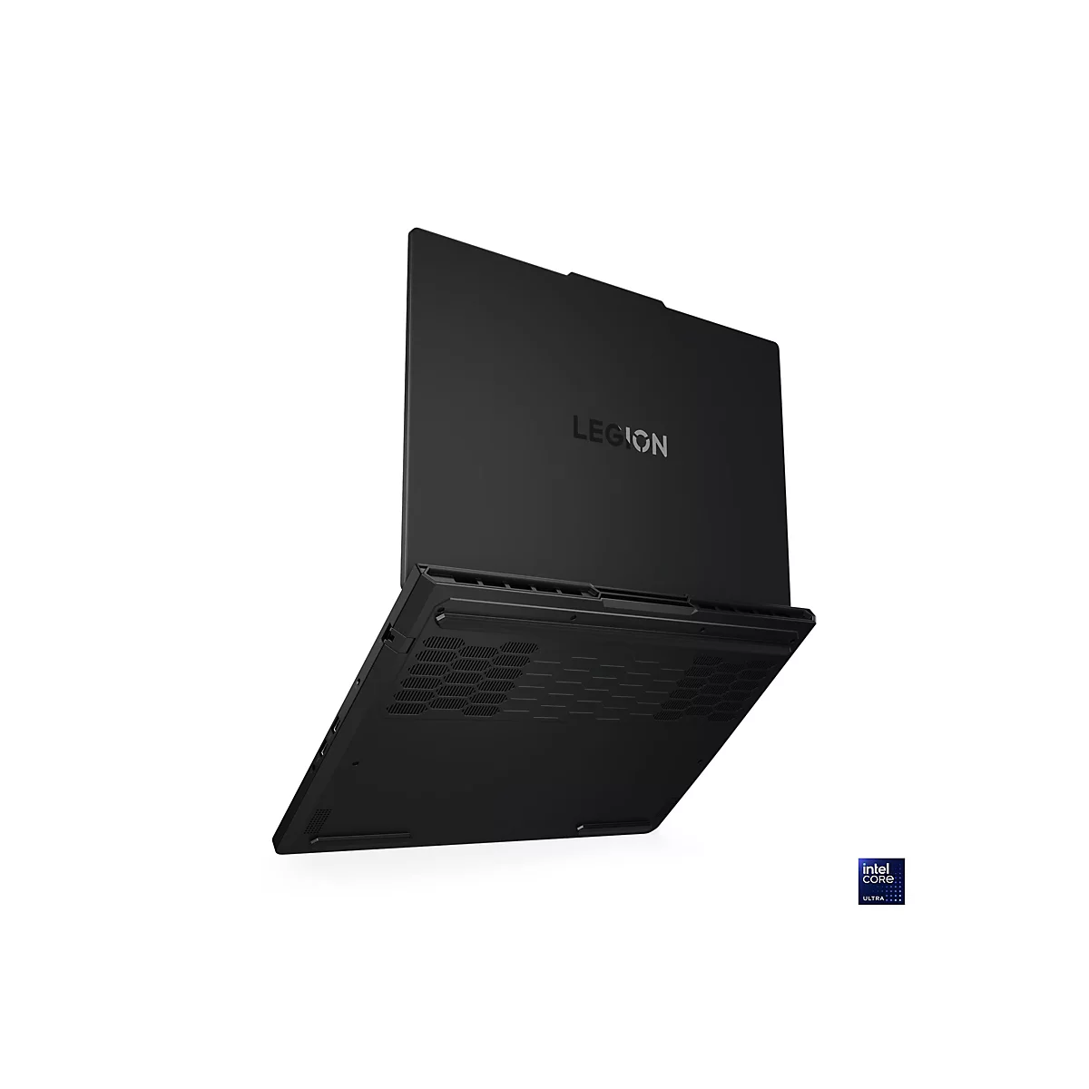 Schwarzer Laptop im Winkel von oben gezeigt, Markenname „Legion“ oben mittig. Untere Seite mit intel Core Ultra Logo.