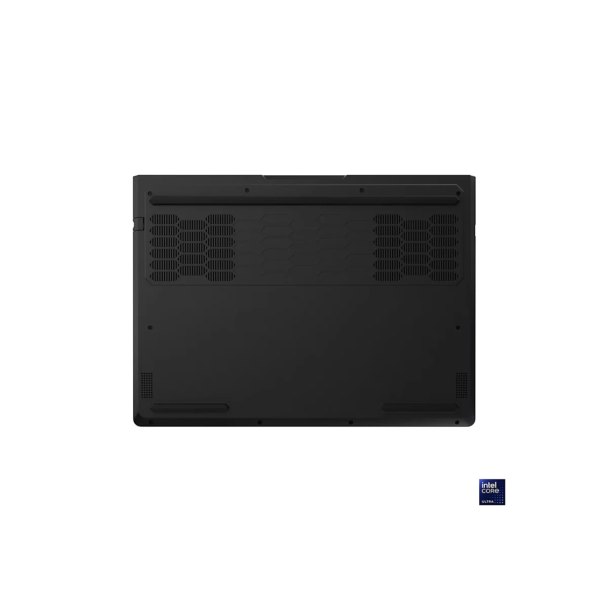 Die Unterseite eines schwarzen Laptops mit Kühlöffnungen und dem Intel Core Ultra-Logo.