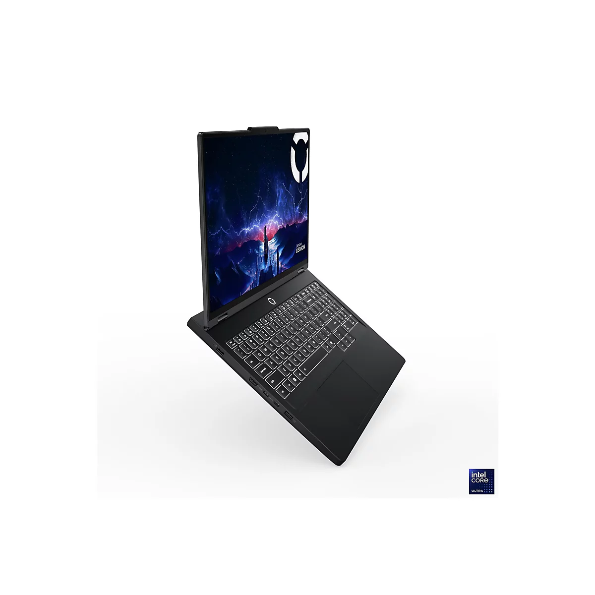 Ein schwarzer Laptop steht diagonal vor weißem Hintergrund. Auf dem Bildschirm ist ein Logo und Schriftzug "Lenovo LEGION" zu sehen. Das Tastaturlayout ist deutlich erkennbar.